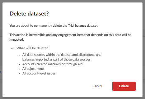 Dialog for deleting the trial balance dataset.